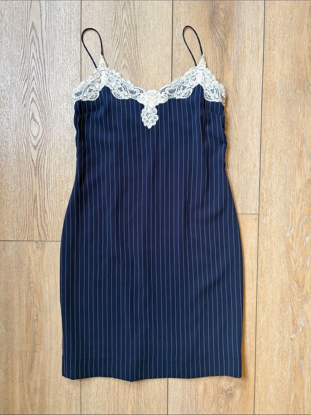 Ralph Lauren | Vintage Navy blue pinstripe slip dress with lace trim